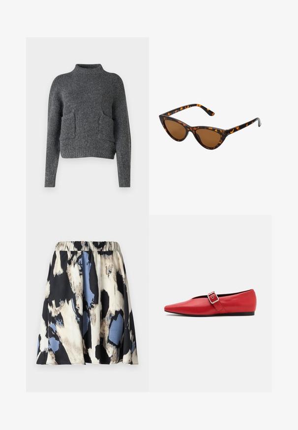 Maglione grigio a taglio corto realizzato in tessuto testurizzato. Presenta un collo alto e due tasche anteriori con una vestibilità rilassata. Maniche lunghe.; Gonna corta plissettata con cintura elastica, caratterizzata da un motivo astratto in tonalità crema, nero e blu, realizzata in un tessuto morbido.; Scarpa piatta in pelle rossa con punta affusolata, dotata di un cinturino laterale con fibbia in metallo e un tacco basso nero. Texture liscia su tutta la superficie.; Occhiali da sole cat-eye con una montatura tartarugata nera e arancione, lenti marroni e punte affusolate e eleganti. Presentano un logo minimale sulla asta.
