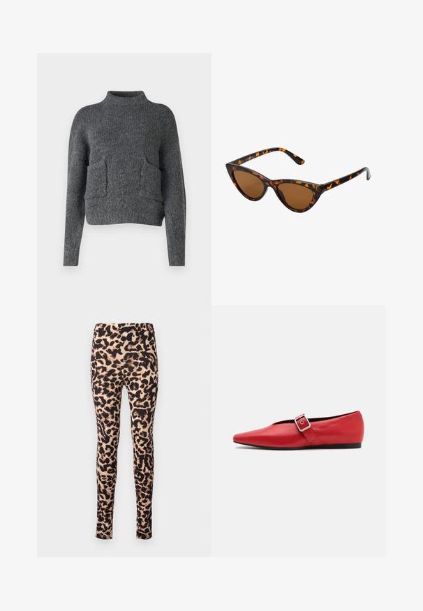 Pelēks, īsais džemperis, izgatavots no teksturēta auduma. Tam ir augsts apkakles izgriezums un divas priekšējās kabatas ar brīvu piegriezumu. Garas piedurknes.; Leparda raksta legingi ar gludu, elastīgu audumu, vidēju augstumu jostasvietu un pieguļošu siluetu. Raksts brūnās un melnās krāsās.; Sarkanais ādas plakanās kurpes ar smailu purngalu, ar sānu siksnu un metāla sprādzi, kā arī zemu melnu papēdi. Visa virsma ir gluda.; Kaķa acs saulesbrilles ar melnu un oranžu bruņurupuču rakstu rāmi, brūnām lēcām un elegantiem, norādītiem galiem. Rāmī ir minimālists logos uz tempļa.