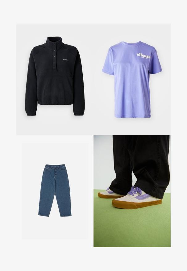 Fekete bolyhos pulóver, patentgombos gallérral és Columbia logóval a bal mellen, hosszú ujjaival és egy kényelmes, texturált anyaggal.; Lila pamut póló kerek nyakkivágással, rövid ujjal és fehér "ellesse" logó szöveggel a fronton. Simább textúra.; Kék farmernadrág, laza szabással, magas derékkal, öt zsebes kialakítással és varrási díszítésekkel. Gombos és cipzáros záródással rendelkezik.; Hajszálfinom bézs sneaker lila részletekkel, gumitalppal és lapos fűzőkkel. Fekete nadrággal viselve, zöld textúrázott felületen bemutatva.