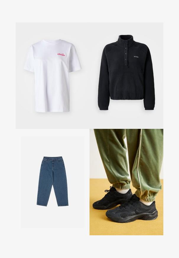 Fekete bolyhos pulóver, patentgombos gallérral és Columbia logóval a bal mellen, hosszú ujjaival és egy kényelmes, texturált anyaggal.; Fehér pamut póló kerek nyakkal és rövid ujjal. Az előoldalán, a bal mellen egy kis rózsaszín hímzett logó található.; Kék farmernadrág, laza szabással, magas derékkal, öt zsebes kialakítással és varrási díszítésekkel. Gombos és cipzáros záródással rendelkezik.; Fekete sportcipők hálós és szintetikus borítással, texturált talppal, zöld, rugalmas mandzsettájú melegítőnadrággal, sárga felületen.