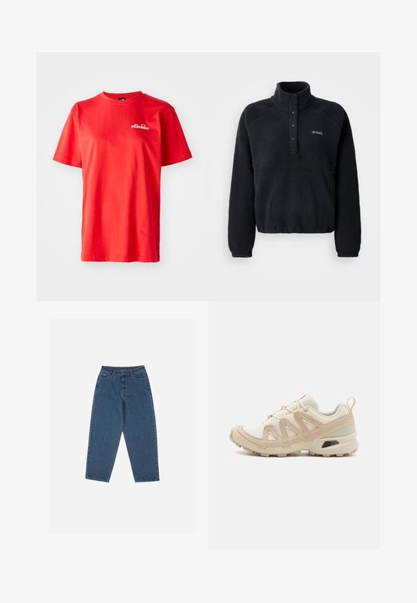 Pulover negru din polar cu guler cu butoane prin presare și logo Columbia pe pieptul stâng, având mâneci lungi și un material texturat și confortabil.; Tricou roșu din bumbac, cu mâneci scurte, gât rotund și un mic logo alb pe piept. Textură netedă cu o croială clasică.; Jeans din denim albastru cu o croială relaxată, talie înaltă, design cu cinci buzunare și accente cusute. Dispune de un sistem de închidere cu buton și fermoar.; Pantofii sport bej și crem au un superior din plasă texturată, suprapuneri de susținere și o talpă din cauciuc cu un model de profil pentru aderență.