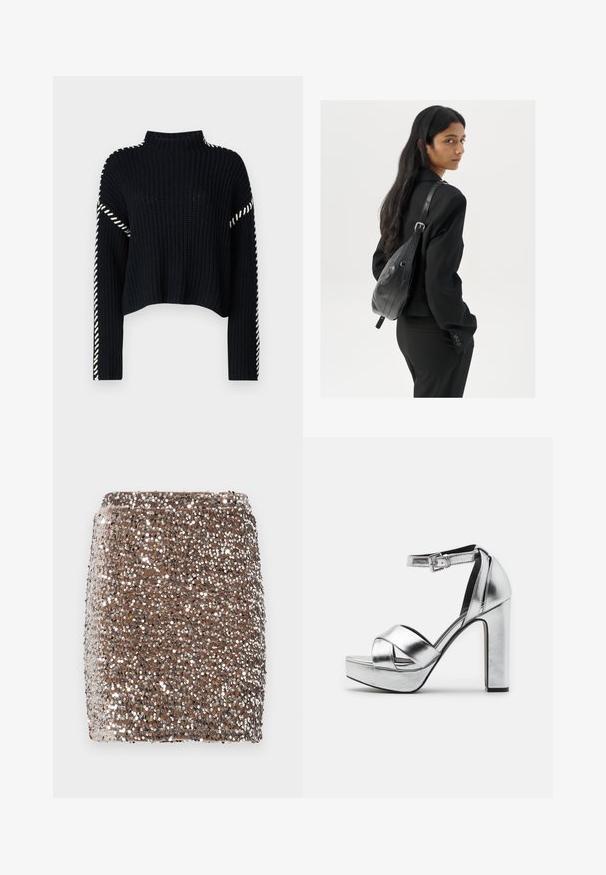 Vero Moda VMNEWCREAM FUNNELNECK PULLOVER - Pulover - black/birch; Rjava mini krila s paščkom, prekrita s refleksnimi srebrnimi bleščicami, kar ustvarja teksturiran in sijajen učinek.; Srebrne metalne platforme s visokim blok petami, z zasnovo križnih trakcev in prilagodljivim trakcem za gleženj.; Ženska z dolgimi temnimi lasmi, oblečena v črn kostim, nosi črno usnjeno torbo čez ramo in se ozira čez ramo proti beli podlagi.; Srebrne uhane v obliki obroča z minimalističnim dizajnom. Krožna oblika, gladka tekstura in tanek profil. Lahki s poliranim zaključkom.