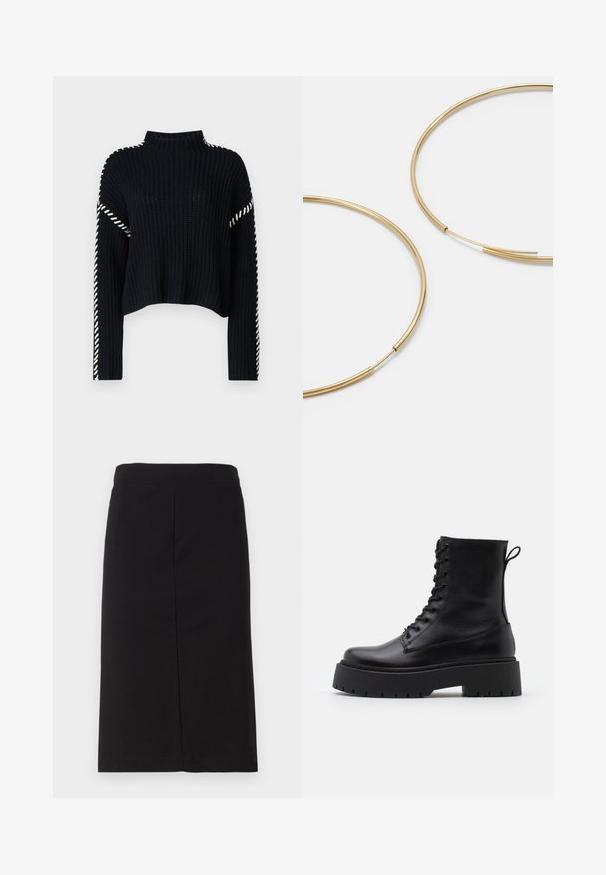 Vero Moda VMNEWCREAM FUNNELNECK PULLOVER - Džemperis - black/birch; Melnas ceļgala garuma taisnās svārkas, izgatavotas no mīksta auduma, ar gludu jostasvietu un taisnu siluetu bez redzamām rotājumiem.; Melni ādas potītēm zābaki ar apļveida purngalu, auklām priekšpusē un biezu gumijas zoli ar teksturētu protektoru. Velkšanas cilpa aizmugurē.; Zelta krāsas auskari gredzena formā, plāni un apaļi, ar gludu metāla apdari un bez rotājumiem vai zīmējumiem.