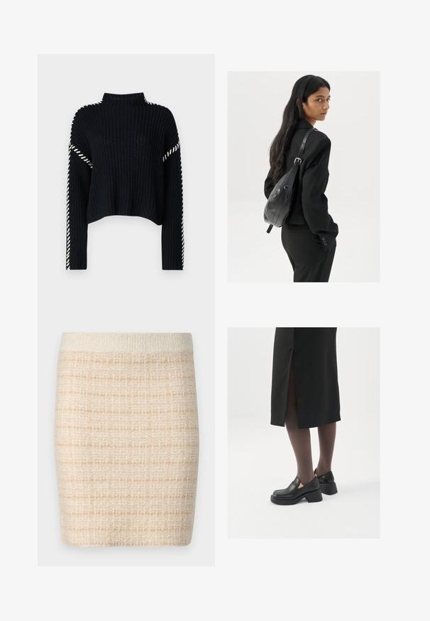 Vero Moda VMNEWCREAM FUNNELNECK PULLOVER - Maglione - black/birch; Gonna mini beige in maglia con un motivo a scacchi testurizzato, presenta una vita solida di colore crema. Lunghezza fino a metà coscia, tessuto morbido.; Scarpe in pelle nera con punta arrotondata, tacco spesso a blocco e accenti laterali in elastico, abbinate a collant scuri e una gonna nera con uno spacco.; Donna con lunghi capelli scuri, vestita con un completo nero, che porta una borsa a tracolla in pelle nera, mentre guarda oltre la spalla su uno sfondo bianco.; Orecchini a cerchio in argento con un design minimalista. Forma circolare, superficie liscia e profilo sottile. Leggeri con una finitura lucida.