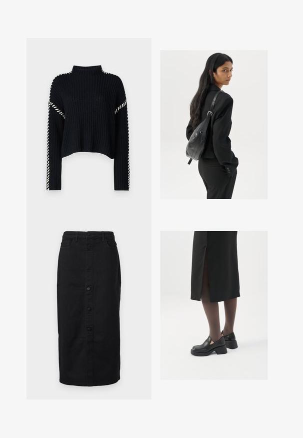 Vero Moda VMNEWCREAM FUNNELNECK PULLOVER - Pulover - black/birch; Črna denimska midi krila s pravo silhueto, sprednjim gumbom in stranskimi žepe. Ima klasičen dizajn in trden videz.; Črne usnjene čevlje s zaobljenim prstom, debelim blokastim petama in elastičnimi stranskimi detajli, v kombinaciji s temno nogavicami in črno krilo z razporkom.; Ženska z dolgimi temnimi lasmi, oblečena v črn kostim, nosi črno usnjeno torbo čez ramo in se ozira čez ramo proti beli podlagi.