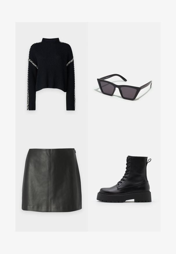 Vero Moda VMNEWCREAM FUNNELNECK PULLOVER - Svetrík - black/birch; Abercrombie & Fitch SCARLETT MINI SKORT - Minisukňa - black beauty; Čierne kožené členkové topánky s okrúhlou špičkou, šnurovaním vpredu a hrubou gumovou podrážkou s textúrovaným vzorom. Sťahovací pútko na zadnej strane.; Čierne, ostré slnečné okuliare so sivými sklami; vyrobené z plastu, majú hrubé ramená s hladkým povrchom a bez viditeľnej mechaniky.
