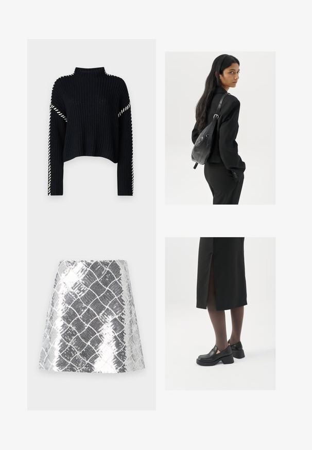 Vero Moda VMNEWCREAM FUNNELNECK PULLOVER - Svetrík - black/birch; Sukňa so strieborným a čiernym vzorom s textúrovaným, kovovým povrchom. Dizajn má celoplošný efekt hadej kože v mriežkovanom vzhľade.; Čierne kožené topánky s okrúhlou špičkou, silným blokovým opätkom a elastickými bočnými akcentmi, skombinované s tmavými pančuchami a čiernou sukňou so štiepením.; Žena s dlhými tmavými vlasmi, oblečená v čiernom obleku, nesúca čiernu koženú kabelku na ramene, pozerajúca cez rameno na bielom pozadí.; Strieborné kruhové náušnice s minimalistickým dizajnom. Cirkulárny tvar, hladký povrch a tenký profil. Ľahké s lesklým povrchom.