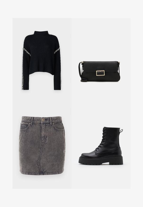 Vero Moda VMNEWCREAM FUNNELNECK PULLOVER - Svetr - black/birch; Džínová sukně v šedé barvě s vertikálně rýhovanou texturou, s předním zapínáním na knoflíky, dvěma bočními kapsami a rovným lemováním.; Černé kožené kotníkové boty s kulatou špičkou, šněrováním na přední straně a silnou gumovou podešví s texturovaným vzorkem. S poutkem vzadu.; Černá kožená psaníčko s klopou a zlatým kovovým detailním sponou. Součástí je černý popruh a elegantní, minimalistický design.; Náušnice ve zlatém tónu z kovu s elegantním zakřiveným designem. Vyznačují se jedinečným špičatým tvarem, lesklým povrchem a závěsem na kloub.