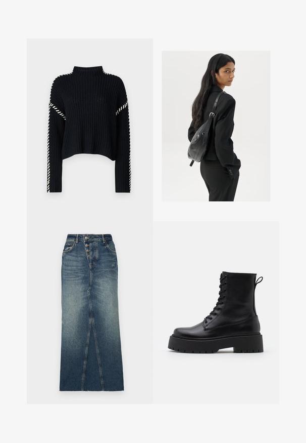 Vero Moda VMNEWCREAM FUNNELNECK PULLOVER - Svetrík - black/birch; Džínová midi sukňa v tmavomodrom praní s predným rozparkom, zapínaním na päť gombíkov a klasickými stehmi.; Čierne kožené členkové topánky s okrúhlou špičkou, šnurovaním vpredu a hrubou gumovou podrážkou s textúrovaným vzorom. Sťahovací pútko na zadnej strane.; Žena s dlhými tmavými vlasmi, oblečená v čiernom obleku, nesúca čiernu koženú kabelku na ramene, pozerajúca cez rameno na bielom pozadí.