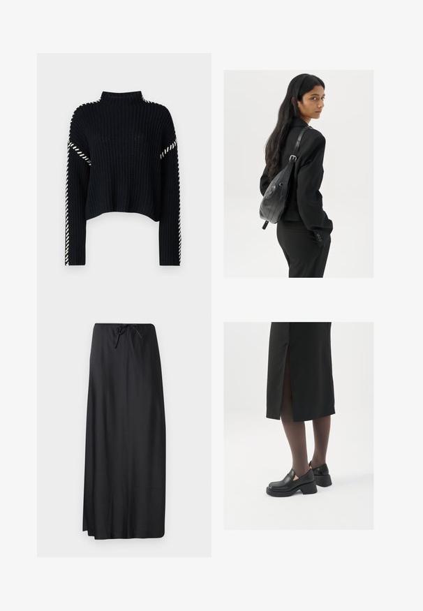 Vero Moda VMNEWCREAM FUNNELNECK PULLOVER - Pulover - black/birch; Črna maksi krila iz gladkega, lahkega blaga, s pasom na vrvico in tekočim, ravnim silhueto. Brez vzorcev ali dodatkov.; Črne usnjene čevlje s zaobljenim prstom, debelim blokastim petama in elastičnimi stranskimi detajli, v kombinaciji s temno nogavicami in črno krilo z razporkom.; Ženska z dolgimi temnimi lasmi, oblečena v črn kostim, nosi črno usnjeno torbo čez ramo in se ozira čez ramo proti beli podlagi.