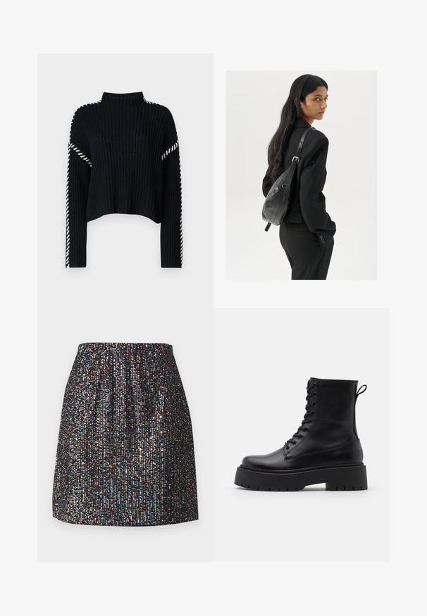 Vero Moda VMNEWCREAM FUNNELNECK PULLOVER - Svetr - black/birch; Černá mini sukně zdobená malými, barevnými flitry, s elastickým páskem, hladkou texturou a rovnou siluetou.; Černé kožené kotníkové boty s kulatou špičkou, šněrováním na přední straně a silnou gumovou podešví s texturovaným vzorkem. S poutkem vzadu.; Žena s dlouhými tmavými vlasy, oblečená v černém obleku, nese černou koženou kabelku přes rameno a dívá se přes rameno na bílém pozadí.