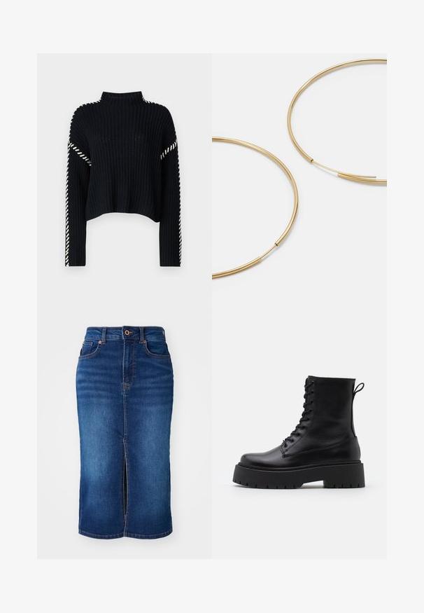 Vero Moda VMNEWCREAM FUNNELNECK PULLOVER - Neule - black/birch; Tummansininen farkku kynähame, jossa on etureikä, kontrastiväriset tikit, viisi taskua ja metallinvärinen napitus vyötäröllä.; Musta nahkainen nilkkureita, joissa on pyöreä kärki, nauhakiinnitys edessä ja paksu kumipohja, jossa on teksturoitu pinta. Takana vetotappi.; Kultaiset rengaskorvakorut, ohuet ja pyöreät, joissa on sileä metallipinta ilman koristeluja tai kuvioita.