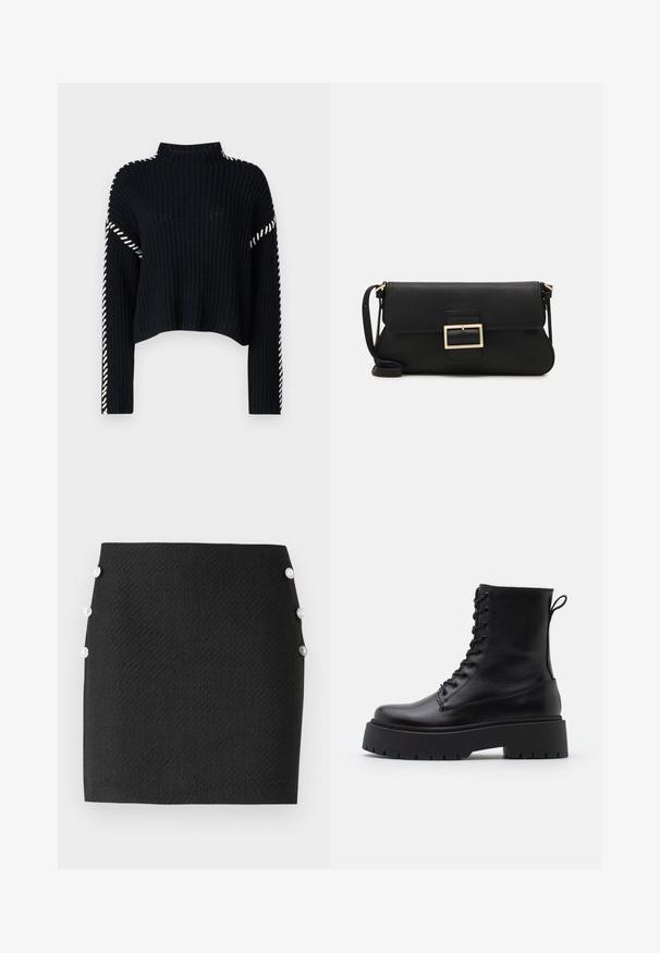 Vero Moda VMNEWCREAM FUNNELNECK PULLOVER - Džemper - black/birch; Mustmust pikk seelik tekstuuriga kangast, millel on külgedel hõbedased nupud detailideks. Lihtne, keha lähedal istuv siluett.; Mustad mustad nahast pahkluu saapad ümarate varvastega, nööridega esiosas ja paksu kummist talla ning tekstuuritud mustriga. Tagumine tõmbeaas.; Must haben musta nahkklahviga kott, millel on klapp ja kuldne metallist pandla detail. Kaasas must rihm ja stiilne, minimalistlik disain.