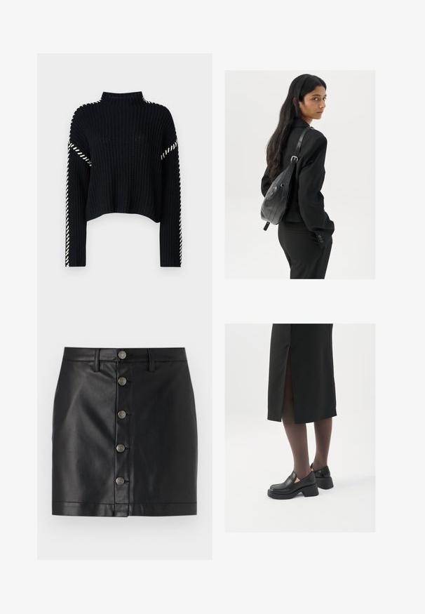 Vero Moda VMNEWCREAM FUNNELNECK PULLOVER - Strickpullover - black/birch; Schwarzer Lederrock mit einer taillierten Passform, ausgestattet mit fünf silbernen Metallknöpfen vorne und einem geraden Saum. Glatte Textur.; Schwarze Lederschuhe mit abgerundetem Zeh, dicker Blockabsatz und elastischen seitlichen Akzenten, kombiniert mit dunklen Strumpfhosen und einem schwarzen Rock mit Schlitz.; Frau mit langen dunklen Haaren, die einen schwarzen Anzug trägt und eine schwarze Lederschultertasche hält, schaut über ihre Schulter vor einem weißen Hintergrund.