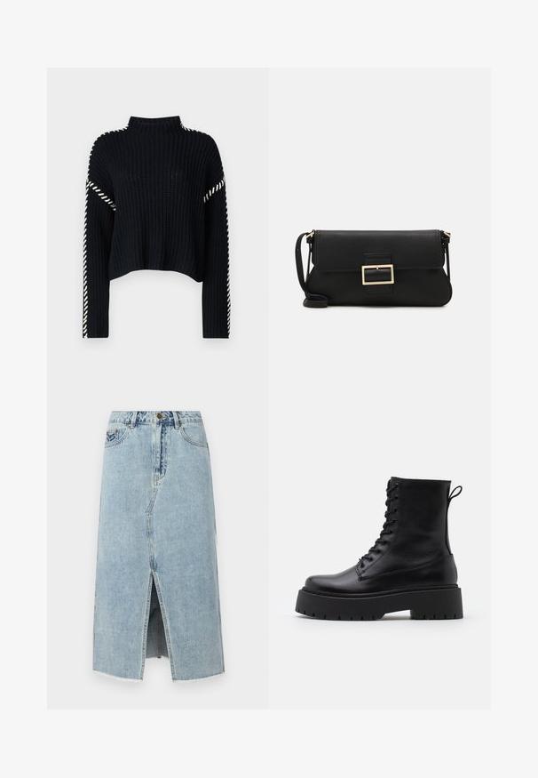 Vero Moda VMNEWCREAM FUNNELNECK PULLOVER - Svetrík - black/birch; Svietlo modrá džínsová sukňa s predným rozparkom, rozstrapkaným lemom, piatimi vreckami a gombíkovým zapínaním na páse. Klasický rovný strih.; Čierne kožené členkové topánky s okrúhlou špičkou, šnurovaním vpredu a hrubou gumovou podrážkou s textúrovaným vzorom. Sťahovací pútko na zadnej strane.; Čierna kožená clutch taška s klopou a zlatým kovovým detailom s prackou. Obsahuje čierny remienok a elegantný, minimalistický dizajn.; Zlaté kruhové náušnice, tenké a okrúhleho tvaru, s hladkým kovovým povrchom a bez ozdôb alebo vzorov.