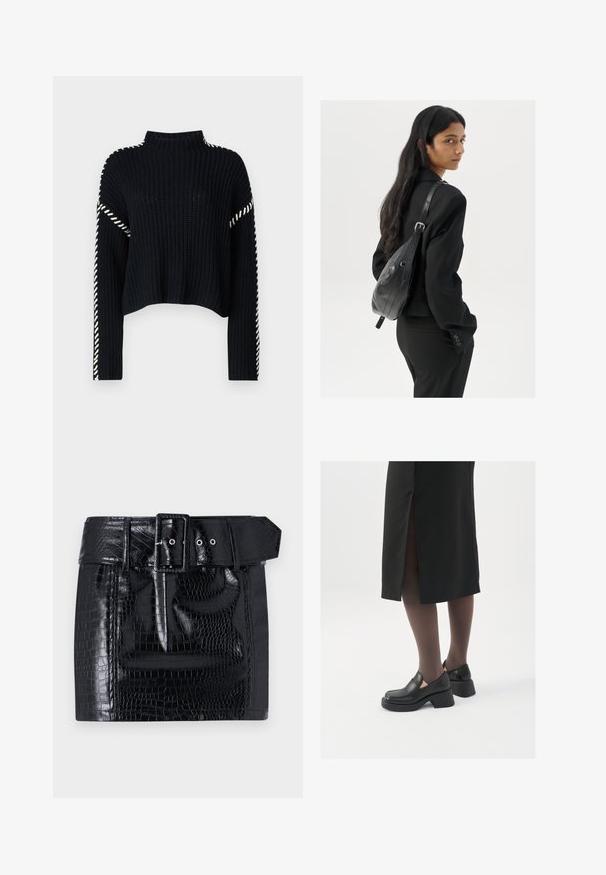 Vero Moda VMNEWCREAM FUNNELNECK PULLOVER - Svetrík - black/birch; Čierna mini sukňa z faux kože so vzorom krokodíla, široký opasok so štvorcovou sponou a detail zapínania na gombíky v páse.; Čierne kožené topánky s okrúhlou špičkou, silným blokovým opätkom a elastickými bočnými akcentmi, skombinované s tmavými pančuchami a čiernou sukňou so štiepením.; Žena s dlhými tmavými vlasmi, oblečená v čiernom obleku, nesúca čiernu koženú kabelku na ramene, pozerajúca cez rameno na bielom pozadí.; Strieborné kruhové náušnice s minimalistickým dizajnom. Cirkulárny tvar, hladký povrch a tenký profil. Ľahké s lesklým povrchom.