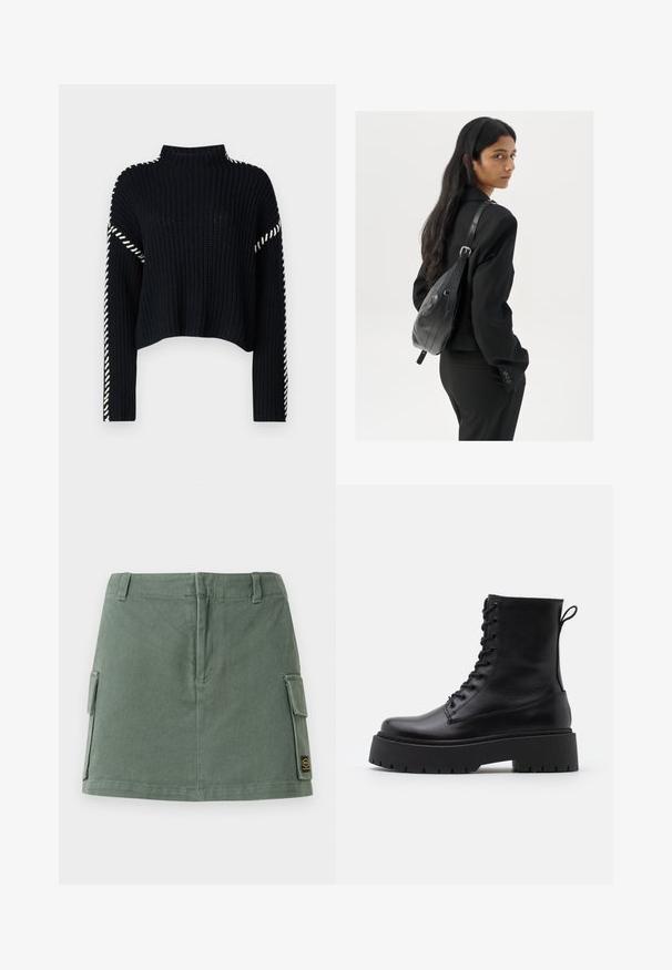 Vero Moda VMNEWCREAM FUNNELNECK PULLOVER - Jumper - black/birch; Green denim skirt with a fitted waistband, two side pockets, and a patch on the lower right. Smooth texture with a subtle sheen.; Black leather ankle boots with a round toe, lace-up front, and a thick rubber sole featuring a textured tread. Pull tab at the back.; Woman with long dark hair wearing a black suit, carrying a black leather shoulder bag, looking over her shoulder against a white background.