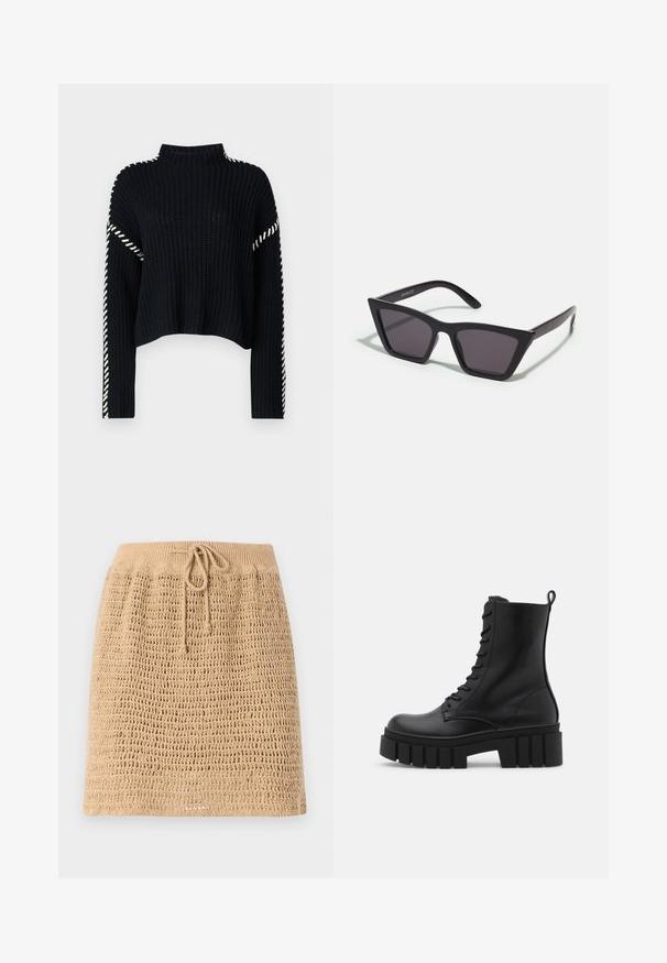 Vero Moda VMNEWCREAM FUNNELNECK PULLOVER - Strickpullover - black/birch; Beige Strickrock mit einem strukturierten, offenen Maschenmuster. Verfügt über einen verstellbaren Kordelzugbund. Der Saum ist gerade.; Schwarze Lederknöchelstiefel mit klobiger, gerippter Sohle, Schnürung vorne und Zuglasche auf glattem weißen Hintergrund.; Schwarze, eckige Sonnenbrille mit grauen Gläsern; aus Kunststoff gefertigt, mit dicken Bügeln, die eine glatte Oberfläche und keine sichtbaren Beschläge haben.; Goldene Creolen mit einer glatten, glänzenden Oberfläche. Zirkuläres Design mit einem kleinen Stecker und einer klaren Rückseite für einen sicheren Sitz.
