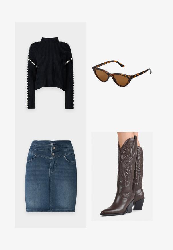 Vero Moda VMNEWCREAM FUNNELNECK PULLOVER - Svetrík - black/birch; Džínová mini sukňa v tmavomodrej farbe s dvojitým zapínaním, dizajnom s piatimi vreckami a rovný strih. Má hladkú textúru a minimálne vyšúchanie.; Hnedé kožené kovbojské topánky s špicatou špičkou a blokovým podrážkou, so zložitým prešívaním a vyvýšenými akcentmi na puzdre.; Mačacie slnečné okuliare s čiernym a oranžovým želvovinovým rámom, hnedými sklami a elegantnými, špicatými koncami. Obsahujú minimalistické logo na spánku.; Čierna kožená clutch taška s klopou a zlatým kovovým detailom s prackou. Obsahuje čierny remienok a elegantný, minimalistický dizajn.