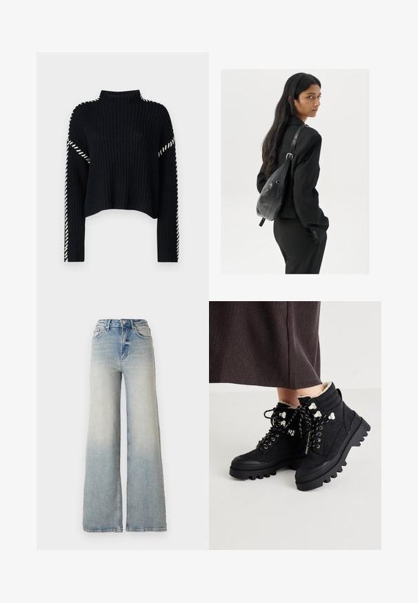 Vero Moda VMNEWCREAM FUNNELNECK PULLOVER - Vesta - black/birch; Svijetloplave široke traperice od denima, s visokim strukom, pet džepova i vidljivim šavovima duž šavova.; Crne gležnjače s teksturiranim sueded gornjim dijelom, debelim gumennim potplatom, metalnim rupama za vezivanje i kontrastnim vezicama za sigurno učvršćenje. Vidljiva krznena podstava.; Žena s dugom tamnom kosom koja nosi crno odijelo, drži crnu kožnu torbu preko ramena i gleda unazad na bijeloj pozadini.; Zlatne kružne naušnice, tanke i okrugle, s glatkom metalnom površinom bez ukrasa ili uzoraka.