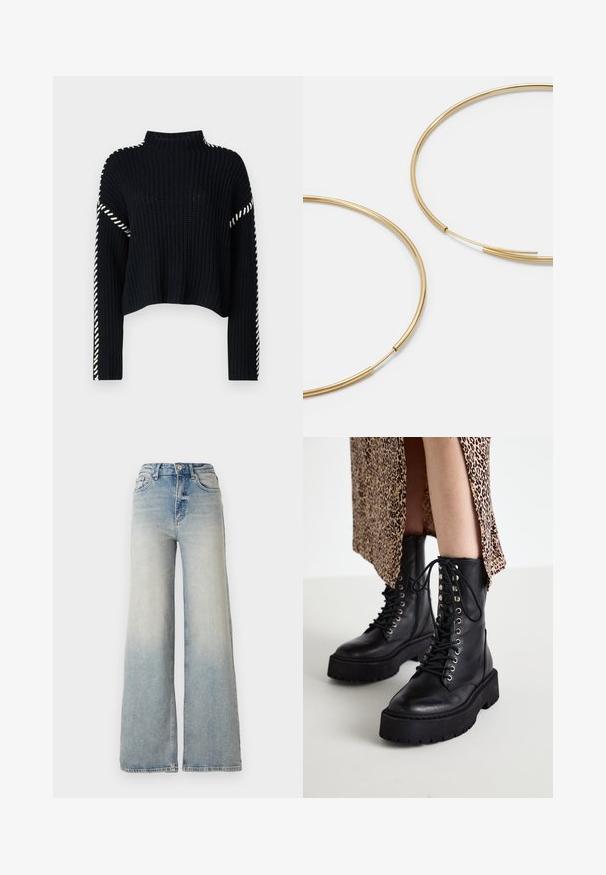Vero Moda VMNEWCREAM czarny; Jasnoniebieskie dżinsy o szerokich nogawkach, wykonane z denimu, z wysokim stanem, pięcioma kieszeniami i widocznym przeszyciem wzdłuż szwów.; Czarne skórzane buty wojskowe z grubą gumową podeszwą, sznurowane z przodu, z metalowymi oczkami. Teksturalna skóra i kontrastująca konstrukcja platformy.; Złote kolczyki w kształcie cienkich okrągłych obręczy, o gładkim metalicznym wykończeniu, bez zdobień czy wzorów.