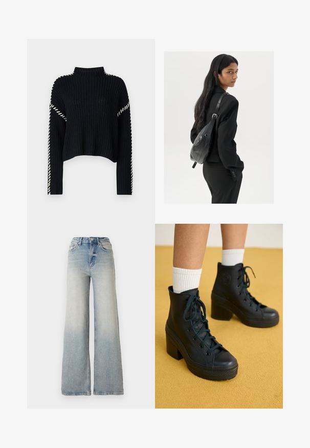 Vero Moda VMNEWCREAM FUNNELNECK PULLOVER - Džemperis - black/birch; Šviesiai mėlynus plačius džinsus, pagamintus iš džinsinio audinio, su aukštu liemeniu, penkiomis kišenėmis ir matomais siūlėmis.; Juodos aukštos sportinės bateliai su tekstūruotu paviršiumi, su raištelių užsegimu, guminis pirštų dangtelis ir masyvūs kulniukai, suderinti su baltais raibais kojinėmis iki kulkšnies.; Moteris su ilgais tamsiais plaukais, vilkinti juodą kostiumą, nešanti juodą odinę rankinę per petį, žvelgia per petį prieš balto fono.