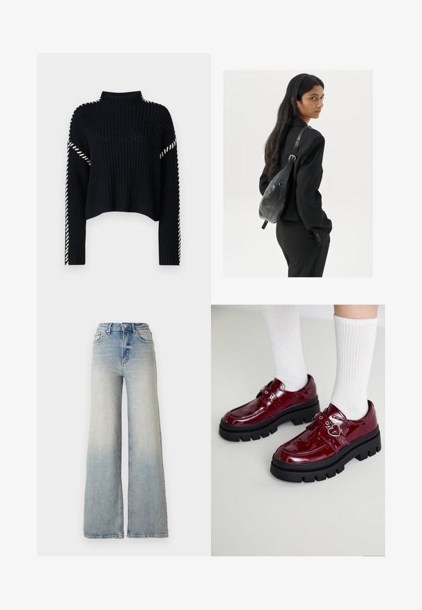 Vero Moda VMNEWCREAM FUNNELNECK PULLOVER - Maglione - black/birch; Jeans ampi di colore blu chiaro in denim, con vita alta, cinque tasche e cuciture visibili lungo le cuciture.; Scarpe in pelle verniciata bordeaux con una suola nera spessa, doppia cinturino con dettaglio a cuore e calze bianche a coste. Design retrò con spessore antiscivolo.; Donna con lunghi capelli scuri, vestita con un completo nero, che porta una borsa a tracolla in pelle nera, mentre guarda oltre la spalla su uno sfondo bianco.; Orecchini a cerchio in argento con un design torciglionato, caratterizzati da una finitura lucida e chiusura a perno. Misurano circa 3 cm di diametro.
