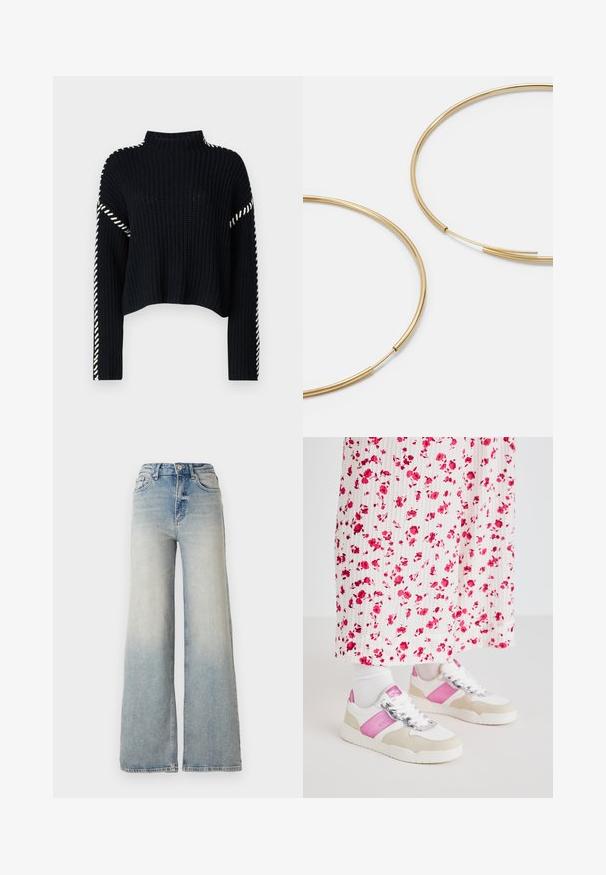 Vero Moda VMNEWCREAM FUNNELNECK PULLOVER - Strickpullover - black/birch; Hellblaue weit geschnittene Jeans aus Denim, mit hoher Taille, fünf Taschen und sichtbaren Nähten entlang der Säume.; Weiße und rosa Sneaker mit einem Akzent aus grauem Wildleder, ausgestattet mit einer glänzenden Schnürung und einem rosa Seitenpanel, kombiniert mit einem langen, plissierten Rock mit floralem Muster.; Goldfarbene Ohrringe in Form von dünnen, runden Kreolen, mit einer glatten, metallischen Oberfläche und ohne Verzierungen oder Muster.
