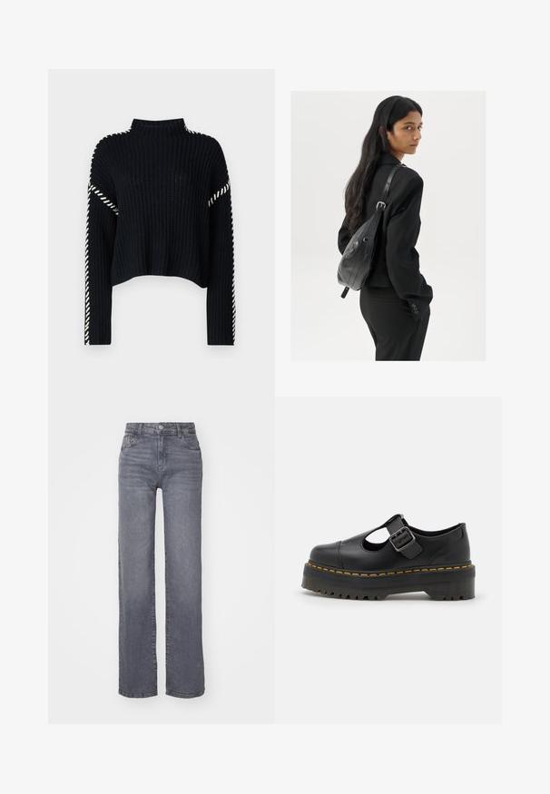 Vero Moda VMNEWCREAM FUNNELNECK PULLOVER - Džemper - black/birch; Hallid hallid laiad teksad, mis on valmistatud siledast denimist, sisaldavad nööpi ja tõmblukku ning viis taskut.; Dr. Martens BETHAN - Jalga libistatavad jalanõud - black; Pikkade tumehaired naine mustas ülikonnas, kandes musta nahast õlakotti, vaatab üle õla valge tausta taustal.