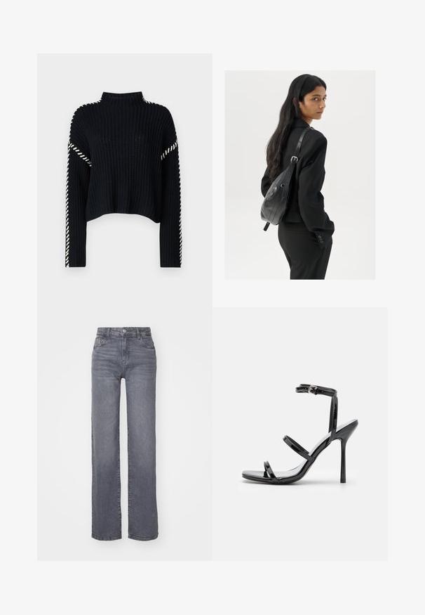 Vero Moda VMNEWCREAM FUNNELNECK PULLOVER - Svetr - black/birch; Šedé široké džíny vyrobené z džínoviny s hladkou texturou, s knoflíkovým a zipovým zapínáním a pěti kapsami.; Černé lakované kožené sandály na vysokém podpatku s třemi horizontálními pásky a nastavitelným páskem kolem kotníku. Elegantní silueta a lesklý povrch.; Žena s dlouhými tmavými vlasy, oblečená v černém obleku, nese černou koženou kabelku přes rameno a dívá se přes rameno na bílém pozadí.