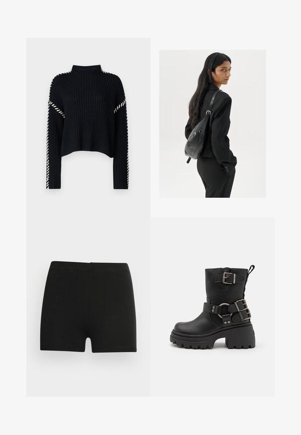 Vero Moda VMNEWCREAM FUNNELNECK PULLOVER - Pulover - black/birch; Črne bombažne kratke hlače s prilagojeno zasnovo in elastičnim pasom. Gladka tekstura, dolžina do sredine stegna in brez vidnih vzorcev ali detajlov.; Črne usnjene gležnjarje s debelim podplatom, naglavnim in pasovnim dodatkom ter teksturiranim zaključkom. Imajo zanko za enostavno obuvanje.; Ženska z dolgimi temnimi lasmi, oblečena v črn kostim, nosi črno usnjeno torbo čez ramo in se ozira čez ramo proti beli podlagi.