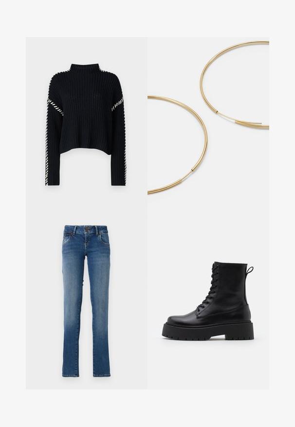 Vero Moda VMNEWCREAM FUNNELNECK PULLOVER - Jersey de punto - black/birch; Jeans de denim azul con un diseño de pierna recta, dos bolsillos frontales y cintura abotonada. Ligera decoloración en los muslos y dobladillo cosido.; Botas de cuero negras hasta el tobillo con punta redonda, cordones en la parte delantera y una suela de goma gruesa con un dibujo texturizado. Tirador en la parte trasera.; Pendientes de aro color dorado, delgados y redondos, con un acabado metálico suave y sin adornos ni patrones.