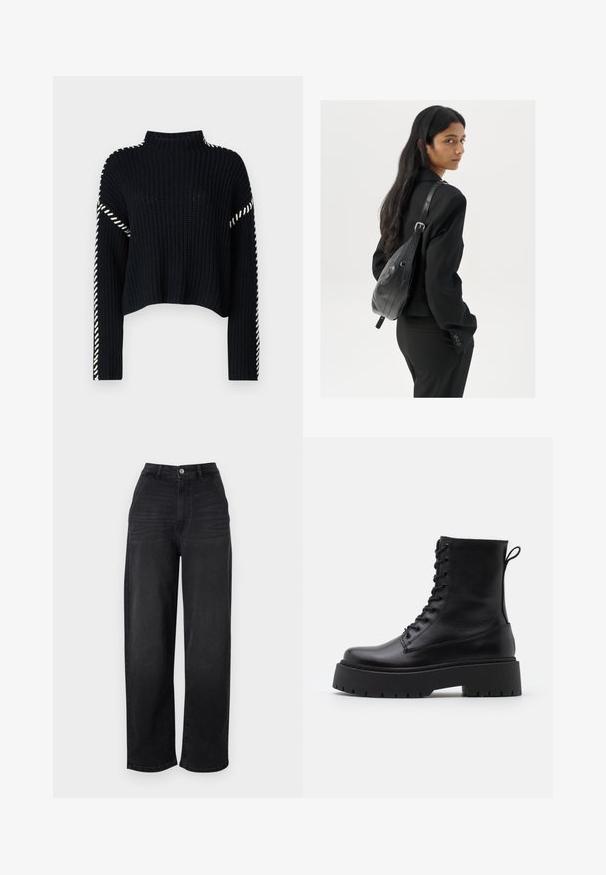 Vero Moda VMNEWCREAM FUNNELNECK PULLOVER - Džemper - black/birch; ONLY ONLGIA LOOSE BAGGY - Avar lõikega teksad - washed black; Mustad mustad nahast pahkluu saapad ümarate varvastega, nööridega esiosas ja paksu kummist talla ning tekstuuritud mustriga. Tagumine tõmbeaas.; Pikkade tumehaired naine mustas ülikonnas, kandes musta nahast õlakotti, vaatab üle õla valge tausta taustal.