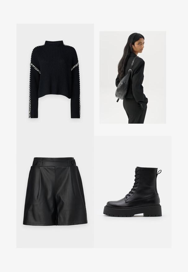 Vero Moda VMNEWCREAM FUNNELNECK PULLOVER - Strikkegenser - black/birch; Svarte faux skinnshorts med folder foran, vide ben og knappdetaljer på livet. Glatt tekstur, skreddersydd design.; Sorte skinn ankelstøvler med rund tå, snøring foran og tykk gummisåle med teksturert mønster. Håndtak bak.; Kvinne med langt mørkt hår iført et svart jakkesett, som bærer en svart skinn skulderveske, og ser over skulderen mot en hvit bakgrunn.