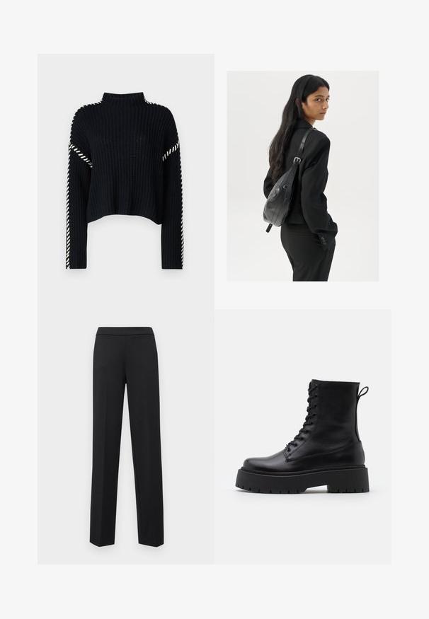 Vero Moda VMNEWCREAM FUNNELNECK PULLOVER - Džemper - black/birch; ONLY ONLPEACH LIFE PULL UP PANT - Püksid - black; Mustad mustad nahast pahkluu saapad ümarate varvastega, nööridega esiosas ja paksu kummist talla ning tekstuuritud mustriga. Tagumine tõmbeaas.; Pikkade tumehaired naine mustas ülikonnas, kandes musta nahast õlakotti, vaatab üle õla valge tausta taustal.