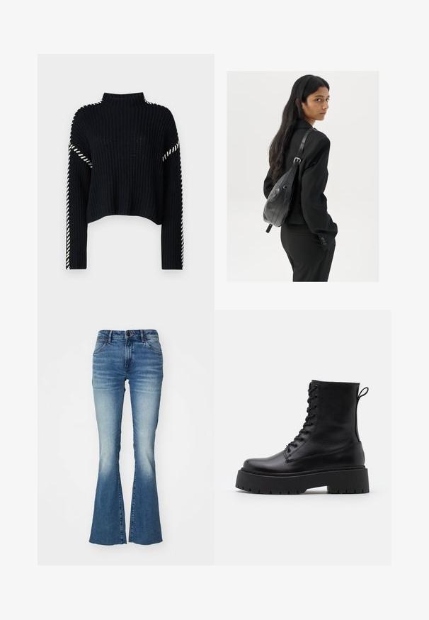 Vero Moda VMNEWCREAM FUNNELNECK PULLOVER - Pulover - black/birch; Modre kavbojke z razširjenim dizajnom, srednje visokim pasom in gradientno pranje, ki prehaja od temno modre do svetlo modre, z oblikovanjem petih žepov.; Črne usnjene gležnjarje z okroglo konico, vezalnim sprednjim delom in debelim gumijastim podplatom z teksturiranim profilom. Zanka na hrbtni strani.; Ženska z dolgimi temnimi lasmi, oblečena v črn kostim, nosi črno usnjeno torbo čez ramo in se ozira čez ramo proti beli podlagi.; Srebrne uhane v obliki obroča z minimalističnim dizajnom. Krožna oblika, gladka tekstura in tanek profil. Lahki s poliranim zaključkom.