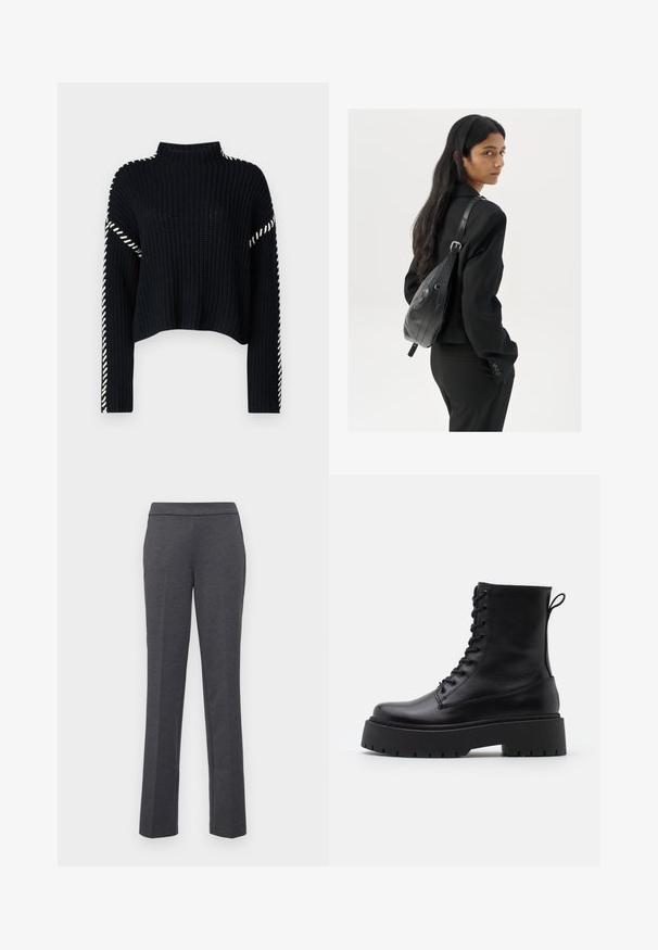 Vero Moda VMNEWCREAM FUNNELNECK PULLOVER - Džemperis - black/birch; pilkos kelnės su tiesiu sijonu, lygiu paviršiumi ir plačiu diržu. Turi šonines kišenes, kad būtų praktiškos.; Juodos odinės aulinukės su apvalia nosimi, raišteliais priekyje ir storesniu guminio pado apačioje su tekstūruotu raštu. Priekyje yra kilputė.; Moteris su ilgais tamsiais plaukais, vilkinti juodą kostiumą, nešanti juodą odinę rankinę per petį, žvelgia per petį prieš balto fono.