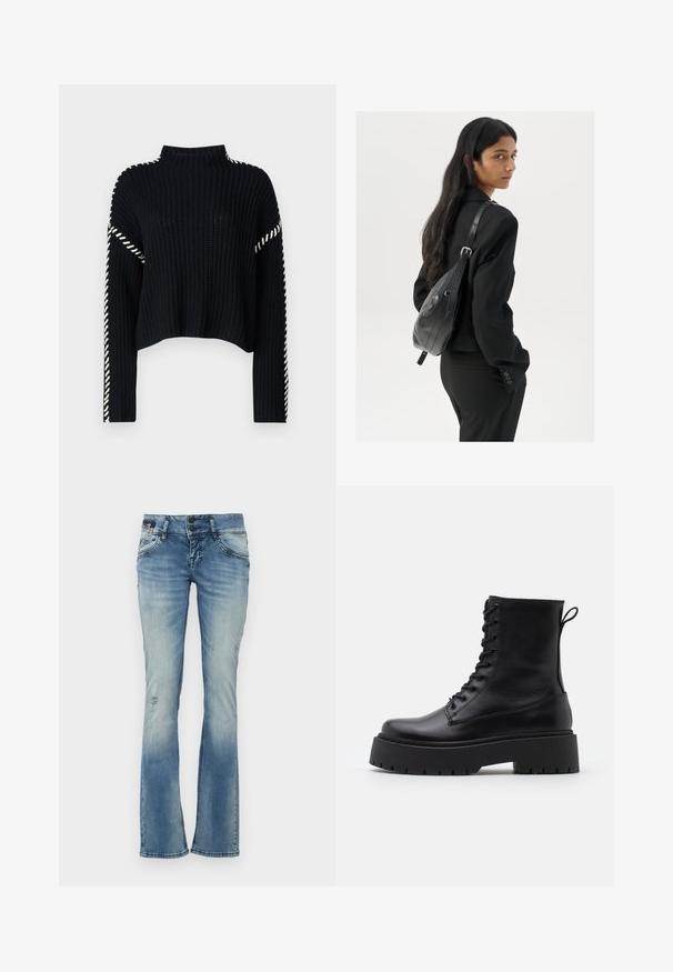 Vero Moda VMNEWCREAM FUNNELNECK PULLOVER - Jersey de punto - black/birch; Jeans acampanados de color azul fabricados en denim con un acabado deslavado, que presentan desgaste, detalles desgastados y dos bolsillos frontales con acentos de costura.; Botas de cuero negras hasta el tobillo con punta redonda, cordones en la parte delantera y una suela de goma gruesa con un dibujo texturizado. Tirador en la parte trasera.; Mujer con cabello largo y oscuro vestida con un traje negro, llevando un bolso de cuero negro al hombro, mirando por encima de su hombro contra un fondo blanco.