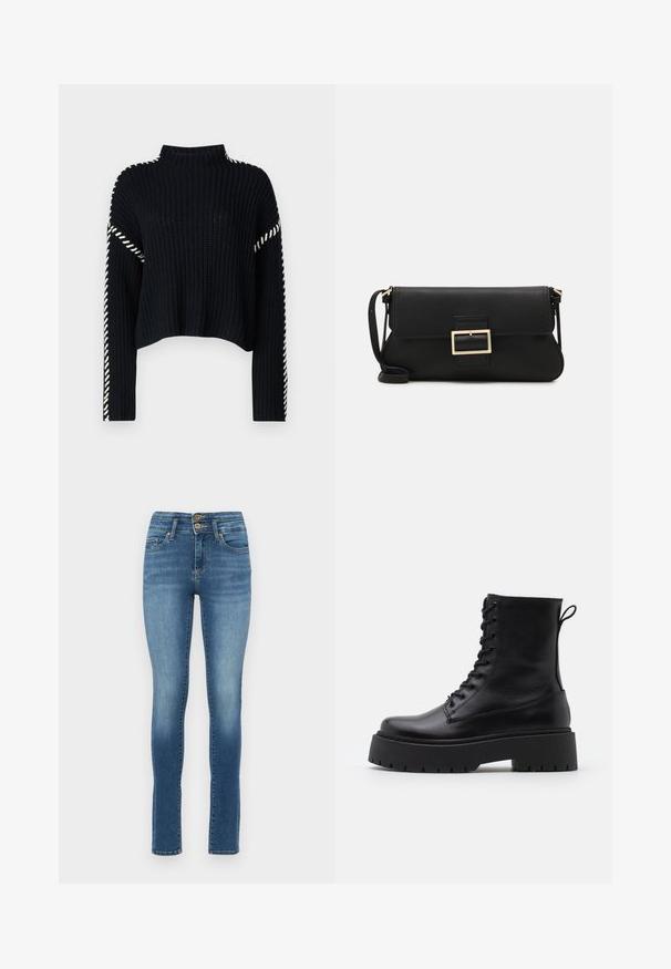 Vero Moda VMNEWCREAM FUNNELNECK PULLOVER - Vesta - black/birch; Plave traperice skinny kroja s visokim strukom, koje imaju dva prednja dugmeta, blago izbljeđivanje i standardne džepove. Glatka tekstura, ravne nogavice.; Crne kožne gležnjače s okruglim vrhom, vezanjem sprijeda i debelim gumenim potplatom s teksturiranim uzorkom. Tipa: traka za vuču na stražnjoj strani.; Crna kožna clutch torbica s preklopom i zlatnim metalnim detaljem kopče. Uključuje crnu trakicu i elegantan, minimalistički dizajn.; Zlatne kružne naušnice, tanke i okrugle, s glatkom metalnom površinom bez ukrasa ili uzoraka.