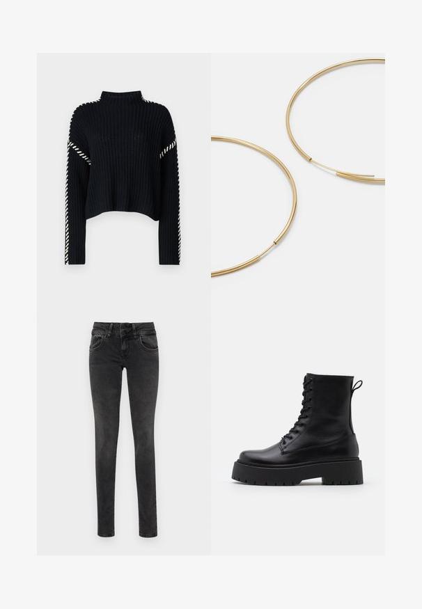 Vero Moda VMNEWCREAM FUNNELNECK PULLOVER - Jersey de punto - black/birch; Pantalones vaqueros negros ajustados, hechos de denim, con cintura alta, cierre de cremallera y cinco bolsillos con sutiles detalles de costura.; Botas de cuero negras hasta el tobillo con punta redonda, cordones en la parte delantera y una suela de goma gruesa con un dibujo texturizado. Tirador en la parte trasera.; Pendientes de aro color dorado, delgados y redondos, con un acabado metálico suave y sin adornos ni patrones.