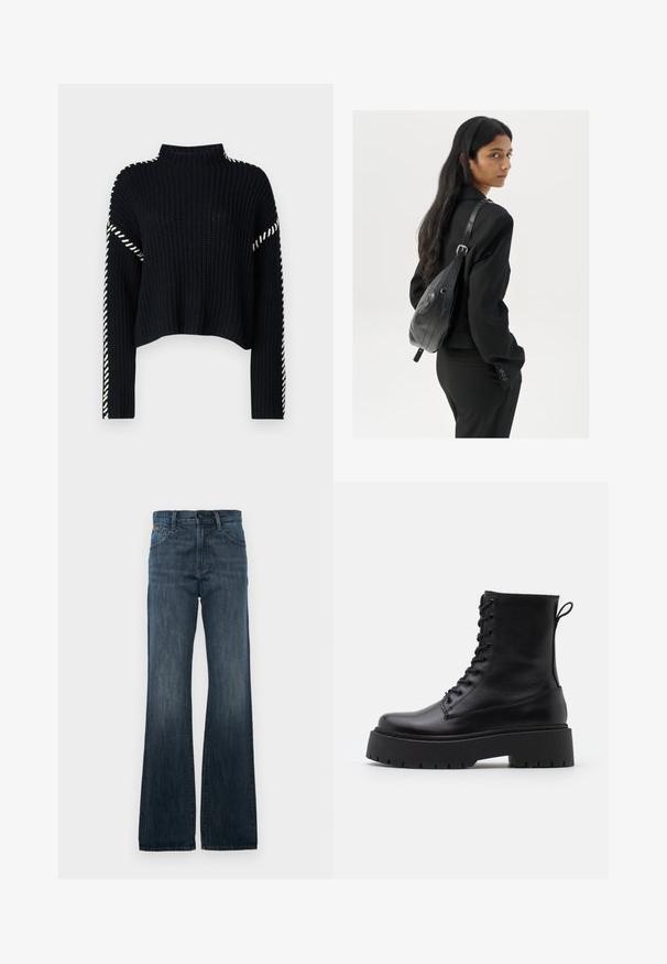 Vero Moda VMNEWCREAM FUNNELNECK PULLOVER - Džemper - black/birch; Tumedast sinise denimist laiad teksad klassikalise viie taskuga disainiga ning kerge pleekimisega. Nööp ja lukuga sulgemine taljes, tugevdatud õmblused.; Mustad mustad nahast pahkluu saapad ümarate varvastega, nööridega esiosas ja paksu kummist talla ning tekstuuritud mustriga. Tagumine tõmbeaas.; Pikkade tumehaired naine mustas ülikonnas, kandes musta nahast õlakotti, vaatab üle õla valge tausta taustal.