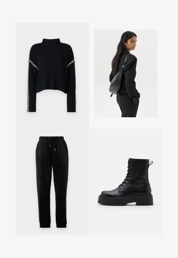 Vero Moda VMNEWCREAM FUNNELNECK PULLOVER - Svetrík - black/birch; Čierne teplákové nohavice vyrobené z plyšovej látky; elastický pás s nastaviteľnou šnúrkou, zakrivené členky, so zlatými kovovými detailmi.; Čierne kožené členkové topánky s okrúhlou špičkou, šnurovaním vpredu a hrubou gumovou podrážkou s textúrovaným vzorom. Sťahovací pútko na zadnej strane.; Žena s dlhými tmavými vlasmi, oblečená v čiernom obleku, nesúca čiernu koženú kabelku na ramene, pozerajúca cez rameno na bielom pozadí.