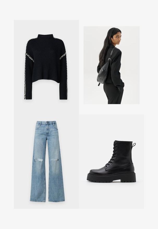 Vero Moda VMNEWCREAM FUNNELNECK PULLOVER - Camisola - black/birch; Jeans de perna larga de cintura alta em azul claro, com rasgos nos joelhos, design clássico de cinco bolsos e fecho com zíper e botão.; Botas de couro pretas até ao tornozelo, com bico redondo, atacador na frente e uma sola de borracha espessa com um padrão texturizado. Alça na parte de trás.; Mulher com cabelo longo e escuro, vestindo um fato preto, carregando uma mala de ombro em pele preta, olhando por cima do ombro contra um fundo branco.