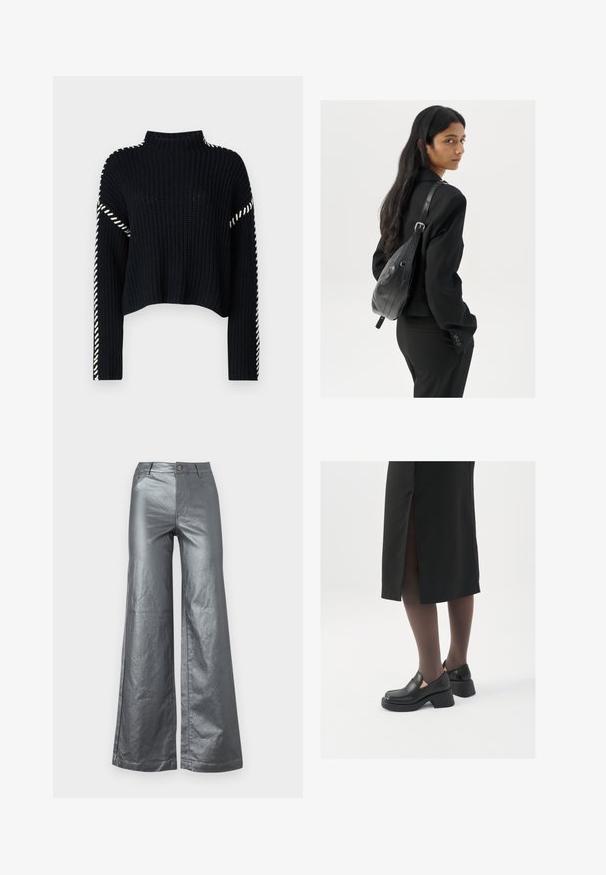 Vero Moda VMNEWCREAM FUNNELNECK PULLOVER - Neule - black/birch; Housut, joissa on leveät lahkeet, kiiltävässä metallinhohtoisessa hopeakankaassa. Ominaisuuksina etutaskut, nappikiinnitys ja suorat lahkeet. Sileä pinta ja tyylikäs muotoilu.; Mustat nahkakengät pyöreällä kärjellä, paksulla lohkopohjalla ja joustavilla sivuakkesseilla, yhdistettynä tummiin sukkahousuihin ja mustaan hameeseen, jossa on halkio.; Nainen, jolla on pitkä tumma hius, pukeutuneena mustaan pukuun, kantaa mustaa nahkatoimistolaukku ja katsoo yli olkansa valkoista taustaa vasten.; Hopehope hopeilla, joissa on minimalistinen muotoilu. Pyöreä muoto, sileä pinta ja ohut profiili. Kevyet ja kiillotetut.