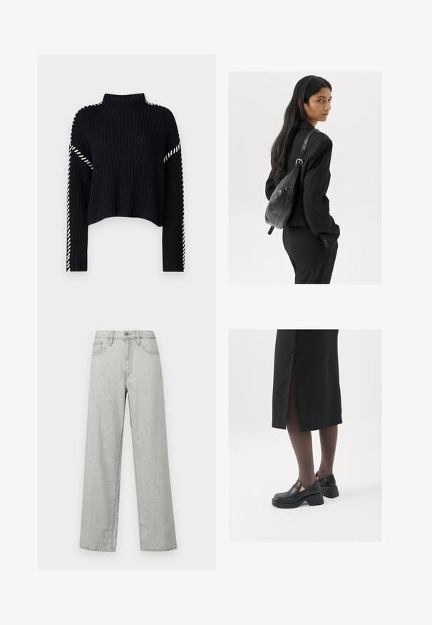 Vero Moda VMNEWCREAM FUNNELNECK PULLOVER - Džemper - black/birch; Heled hallid lai jalad teksad, mis on valmistatud denimist, kõrge vöökohaga, eespooltaskute ja tavapärase nuppu ja tõmbluku sulgemisega.; Mustad mustad jalatsid ümmarguse varbaga, paksu plokkniidi ja elastsete külgdetailidega, kombineeritud tumedate sukkade ja musta lõhikuga seelikuga.; Pikkade tumehaired naine mustas ülikonnas, kandes musta nahast õlakotti, vaatab üle õla valge tausta taustal.; Hõbedased rõngastikkaehingad minimalistlikus disainis. Ümar kuju, sile tekstuur ja õhuke profiil. Kerged ning poleeritud viimistlusega.