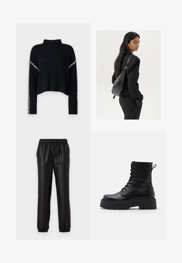 Vero Moda VMNEWCREAM FUNNELNECK PULLOVER - Striktrøje - black/birch; Sorte syntetiske joggers med en glat tekstur, elastisk talje og sammensnørede manchetter. Har en snor til justerbar pasform.; Sorte læder ankelstøvler med rund tå, snørebånd foran og en tyk gummisål med struktureret slidbane. Hæfteløkke bagpå.; Kvinde med langt, mørkt hår iført en sort dragt, bærende en sort læder skuldertaske, som ser over sin skulder mod en hvid baggrund.; Guldfarvede hoops øreringe, tynde og runde i formen, med en glat metallisk finish uden udsmykninger eller mønstre.