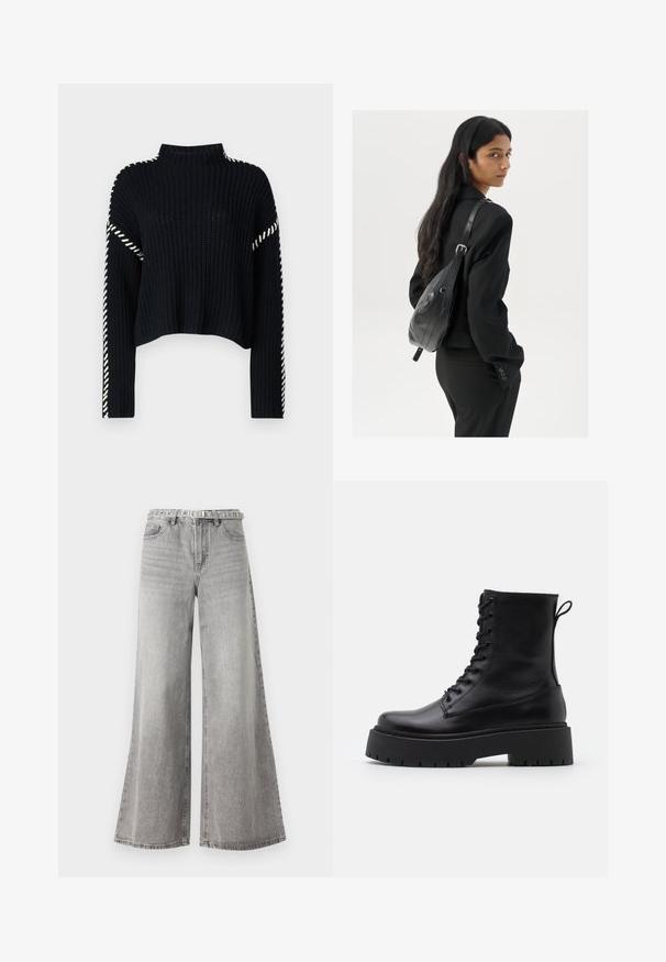 Vero Moda VMNEWCREAM FUNNELNECK PULLOVER - Džemper - black/birch; Laiad hallid denim püksid kõrge vöökohaga, klassikalise viie tasku disainiga ja vööl õmmeldud vööga. Struktuuriga kangas.; Mustad mustad nahast pahkluu saapad ümarate varvastega, nööridega esiosas ja paksu kummist talla ning tekstuuritud mustriga. Tagumine tõmbeaas.; Pikkade tumehaired naine mustas ülikonnas, kandes musta nahast õlakotti, vaatab üle õla valge tausta taustal.