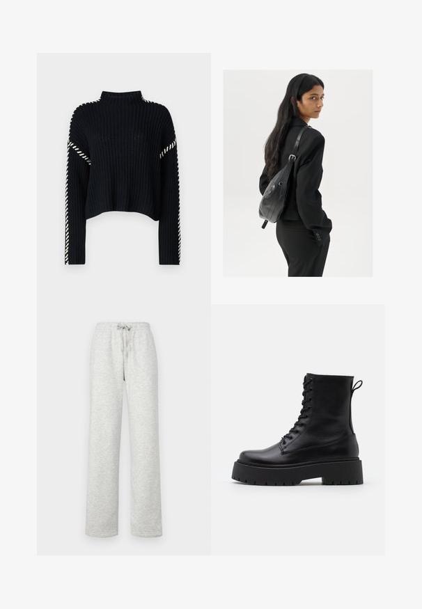 Vero Moda VMNEWCREAM FUNNELNECK PULLOVER - Strickpullover - black/birch; Gina Tricot Tall BASIC STRAIGHT - Jogginghose - grey; Schwarze Lederstiefeletten mit runder Zehenpartie, Schnürung vorne und einer dicken Gummisohle mit strukturiertem Profil. Mit Zugschlaufe an der Rückseite.; Frau mit langen dunklen Haaren, die einen schwarzen Anzug trägt und eine schwarze Lederschultertasche hält, schaut über ihre Schulter vor einem weißen Hintergrund.