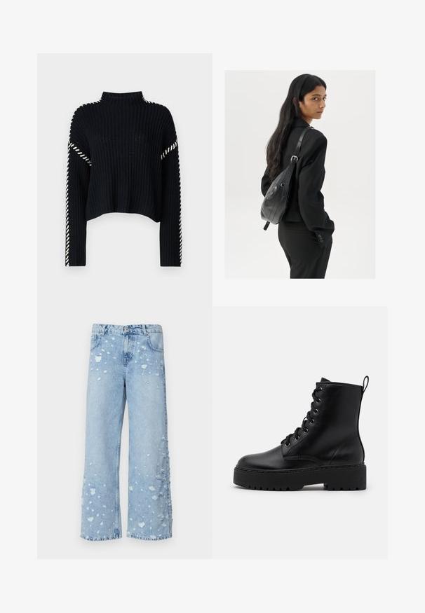 Vero Moda VMNEWCREAM FUNNELNECK PULLOVER - Striktrøje - black/birch; Lyseblå denim bukser med vid ben og slidte lapper samt frynset kant, der har fem lommer og en knaplukning foran.; Sort læder ankelstøvle med en tykk, tekstureret sål, rund tå og metaløjer til snørebånd. Har en løkke bagpå.; Kvinde med langt, mørkt hår iført en sort dragt, bærende en sort læder skuldertaske, som ser over sin skulder mod en hvid baggrund.