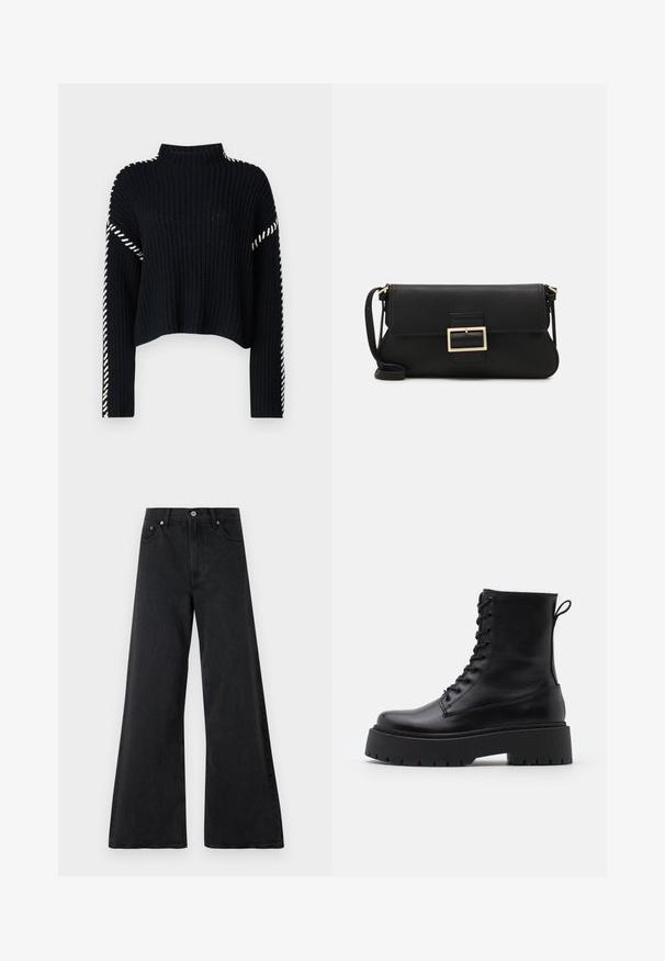 Vero Moda VMNEWCREAM FUNNELNECK PULLOVER - Jumper - black/birch; Black wide-leg jeans made of textured denim, featuring a button closure, belt loops, and front pockets. Smooth finish with a loose fit.; Black leather ankle boots with a round toe, lace-up front, and a thick rubber sole featuring a textured tread. Pull tab at the back.; Black leather clutch bag with a flap and a gold metal buckle detail. Includes a black strap and a sleek, minimalist design.; Gold-tone metal earring with a sleek, curved design. Features a distinctive pointed shape, polished surface, and hinge closure.